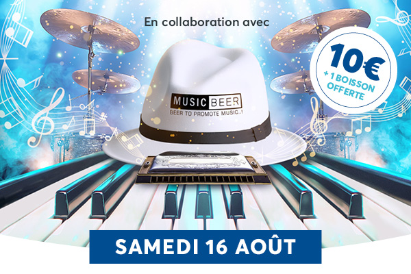 Affiche promotionnelle pour un vnement musical le samedi 16 aot, avec une offre de 10 + une boisson gratuite, mettant en scne un chapeau, des tambours et des notes de musique.
