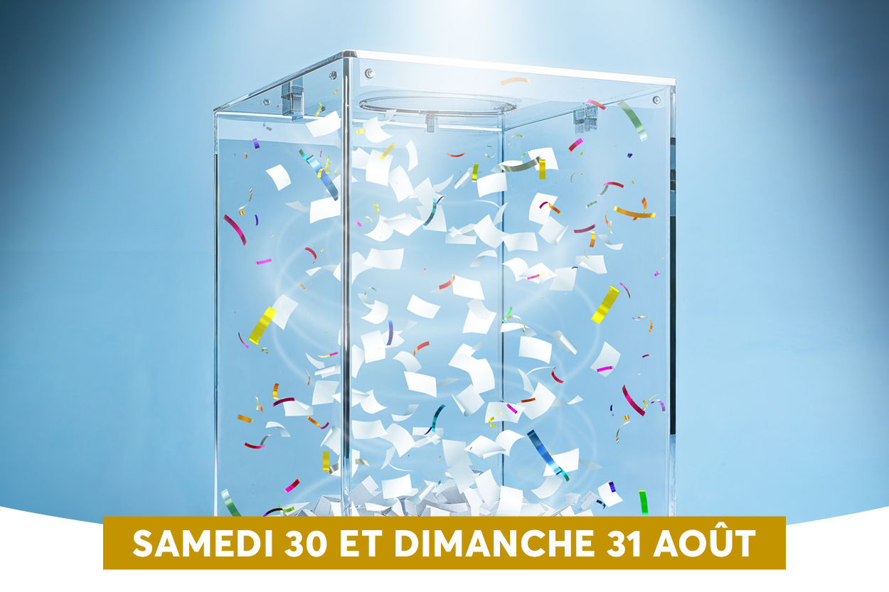 L'image montre une machine transparente remplie de confettis colors, avec un fond bleu clair. En bas, une bannire marron avec le texte 