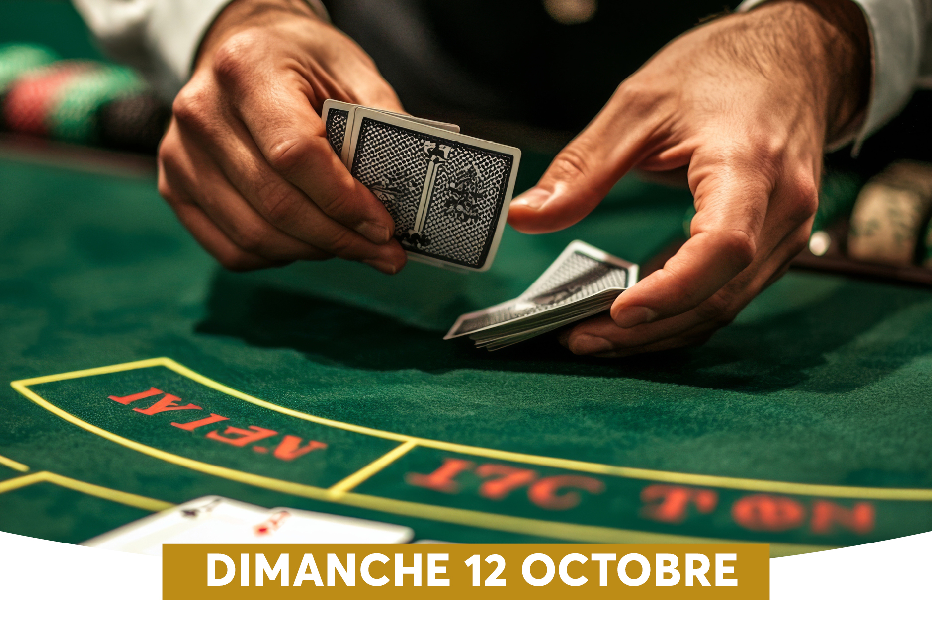 Un croupier distribue des cartes sur une table de casino, avec des jetons et un tapis vert visibles en arrire-plan. Le texte en bas annonce  Dimanche 12 Octobre , suggrant un vnement ou une promotion spciale.