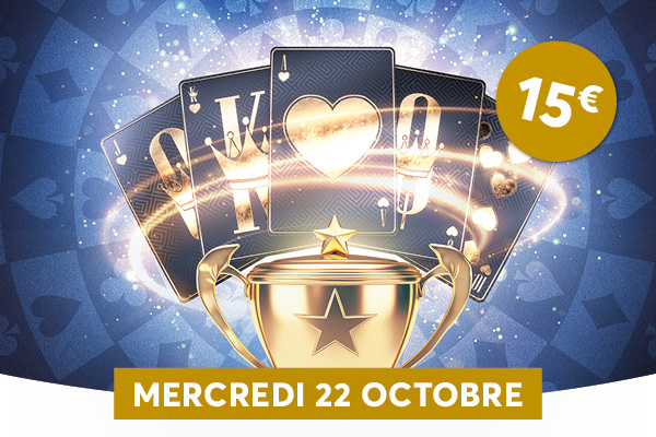Une promotion autour du jeu et des cartes  thme, centre sur un trophe dor et des cartes illumines en arrire-plan. Le visuel indique une offre ou un vnement le mercredi 22 octobre avec un prix affich de 15.