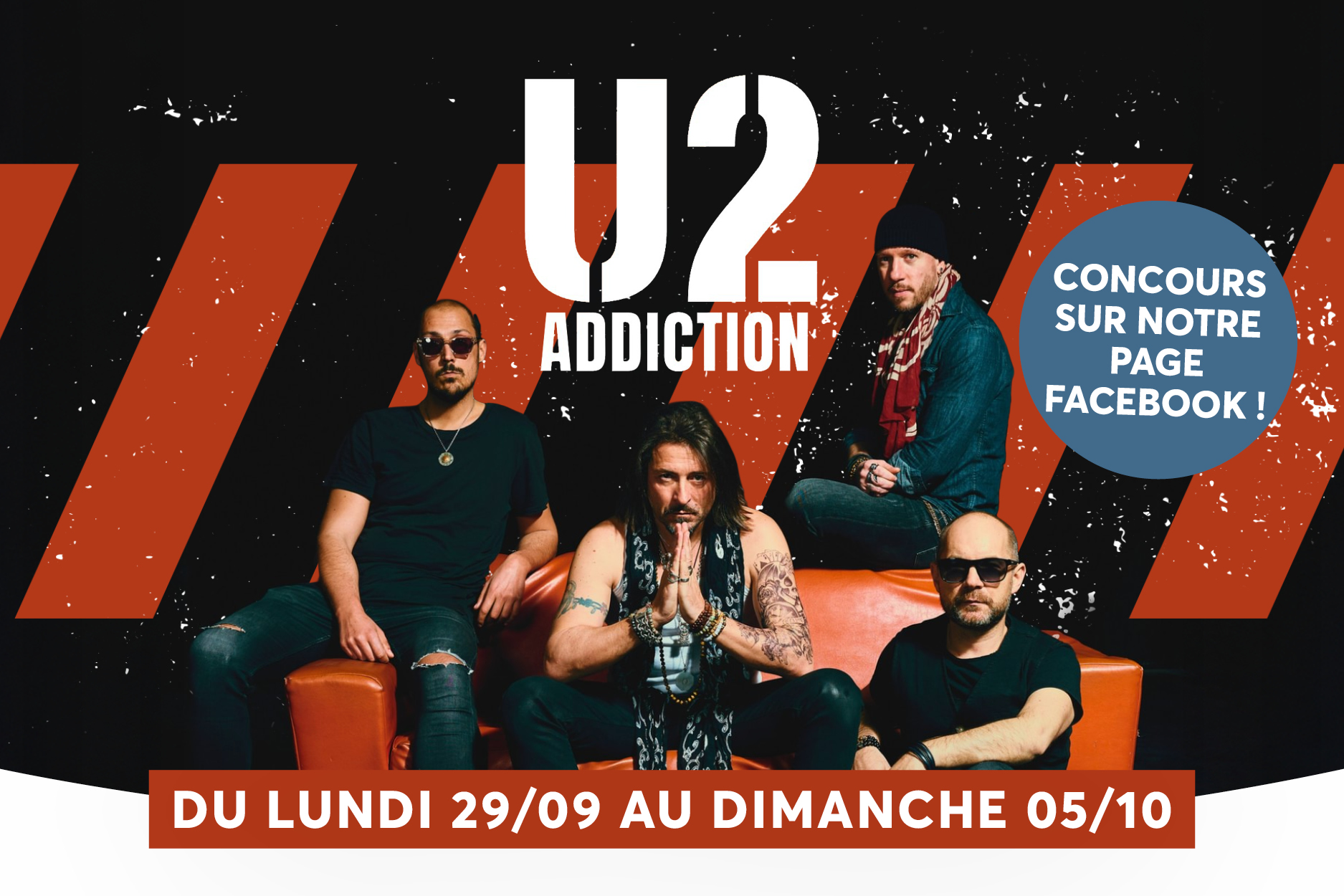 Groupe de rock U2 pos sur un canap orange, style concert/poster. Fond noir avec des rayures orange diagonales et flocons blancs. Logo 