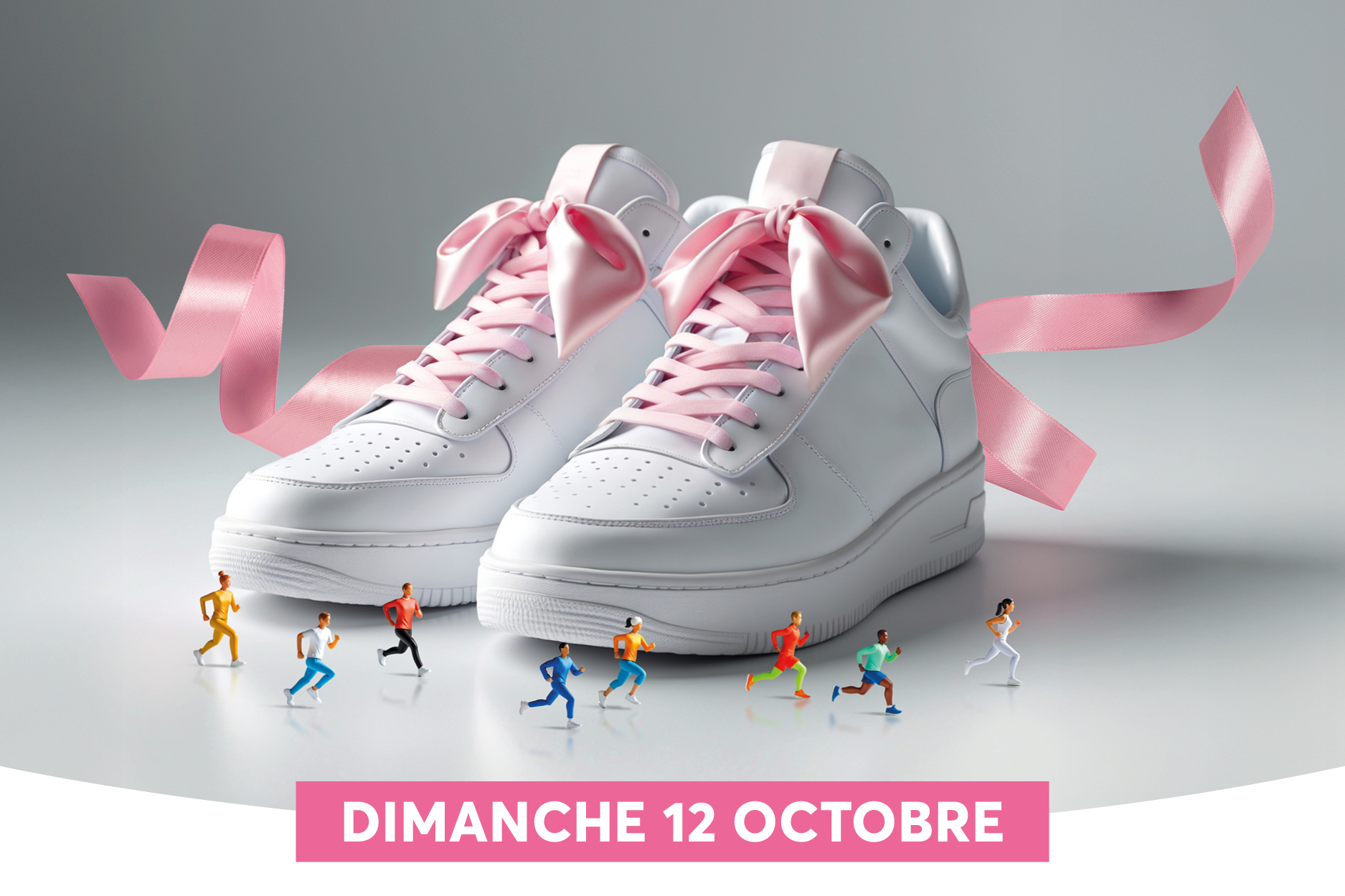 Une paire de baskets blanches lgantes est agrandie  larrire-plan, avec des lacets roses majestueusement nous et des rubans roses flottant autour. Devant les chaussures, de petites silhouettes humaines en mouvement simulent une course, crant une scne dynamique et sportive. En bas de limage, une bande rose affiche le texte DIMANCHE 12 OCTOBRE, suggrant une affiche dvnement ou de promotion.