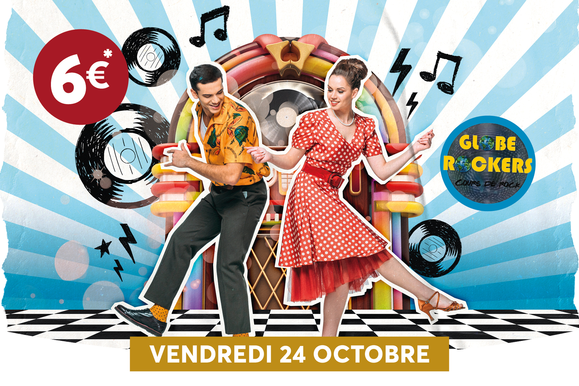 Une affiche dynamique inspire des annes 50 avec un couple danseur devant un jukebox et des vinyles, sur un fond ray bleu et blanc. Le tout est agrment dun badge orange indiquant la date et dun logo Globe Rockers, avec le texte Vendredi 24 Octobre en bannire en bas.