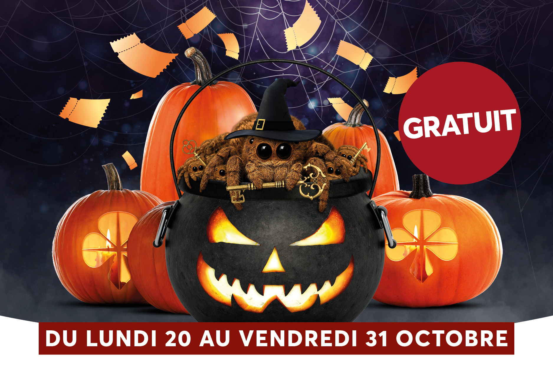 Une promotion Halloween gratuite avec un dispositif de citrouilles sculptes et un chaudron noir illumin, entour de petites citrouilles et de banderoles. Le texte indique une offre du 20 au 31 octobre, avec le mot  GRATUIT  en rouge.