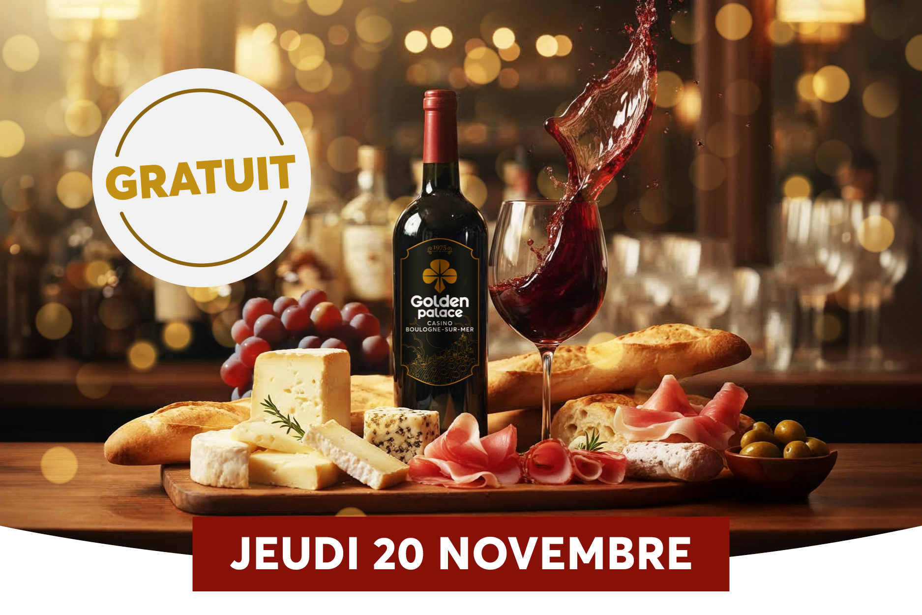 Une ambiance chaleureuse avec planche de fromages, pain et bouteille de vin, prête à accompagner des conversations conviviales.  Le visuel indique la date “JEUDI 20 NOVEMBRE” sur une bannière rouge en bas et un badge “GRATUIT” à gauche.