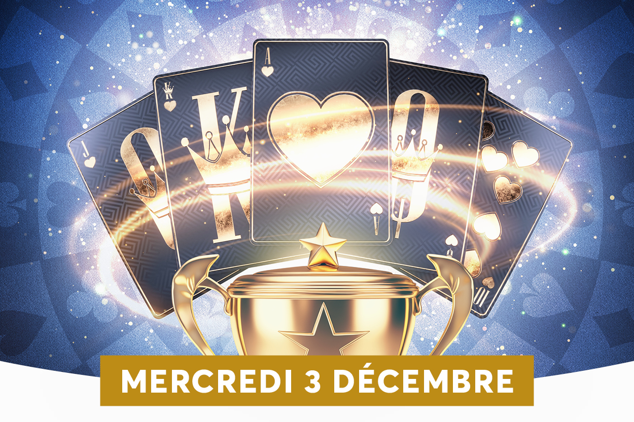 L�image montre un troph�e dor� au premier plan entour� de cartes de jeu en forme de reliques, avec des effets lumineux et des c�urs qui �voquent une ambiance festive et glamour. En bas, une bande dor�e affiche la date � Mercredi 3 D�cembre �, sugg�rant un �v�nement ou une soir�e sp�ciale li�e au jeu ou au bingo.