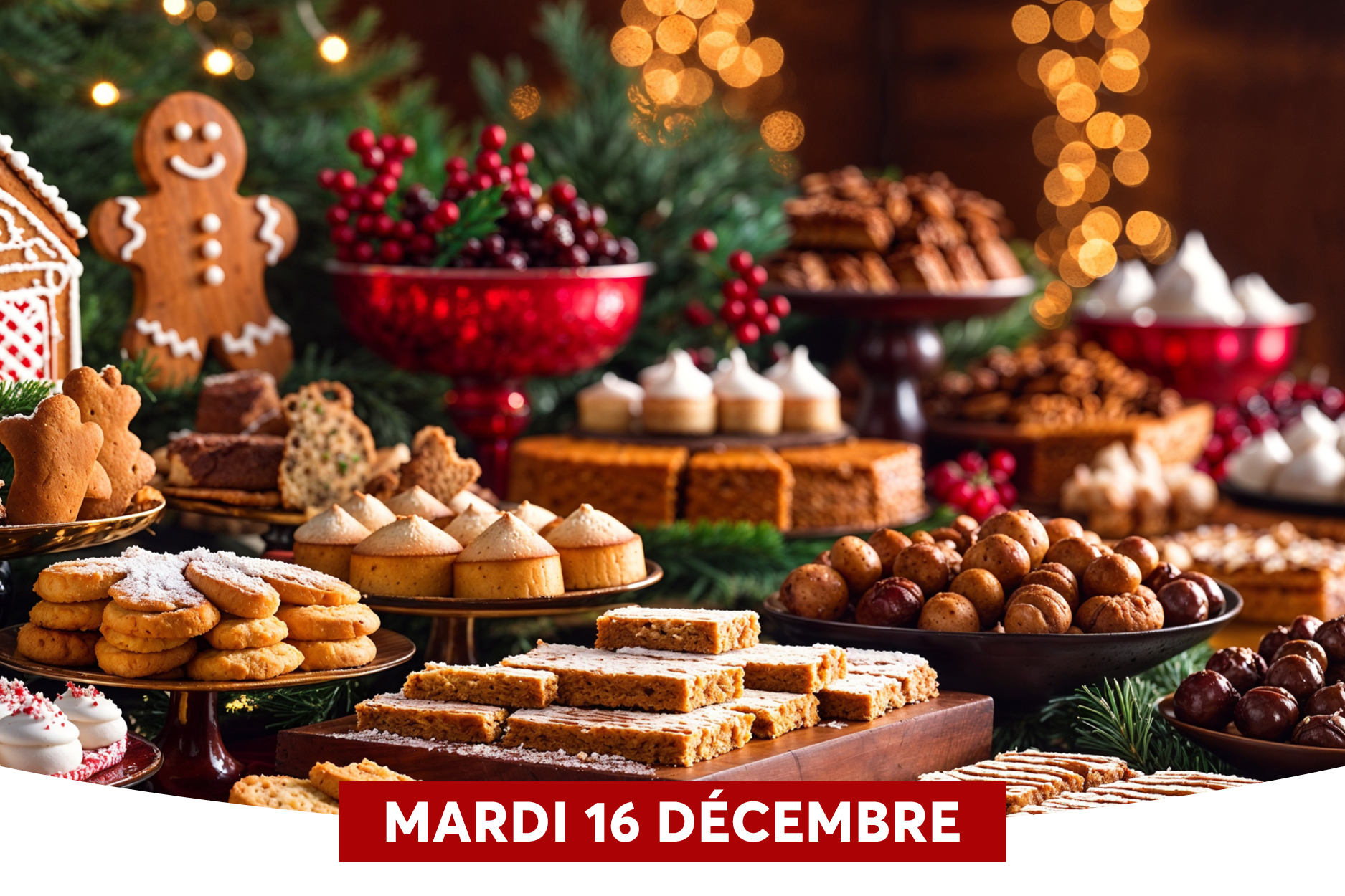 L�image montre une abondance de desserts festifs dispos�s sur des plateaux et plats, avec des biscuits, g�teaux et macarons �l�gamment pr�sent�s dans une ambiance chaleureuse de f�te. En bas, une barre rouge porte la date � Mardi 16 D�cembre �, sugg�rant un �v�nement ou un d�ner de No�l.