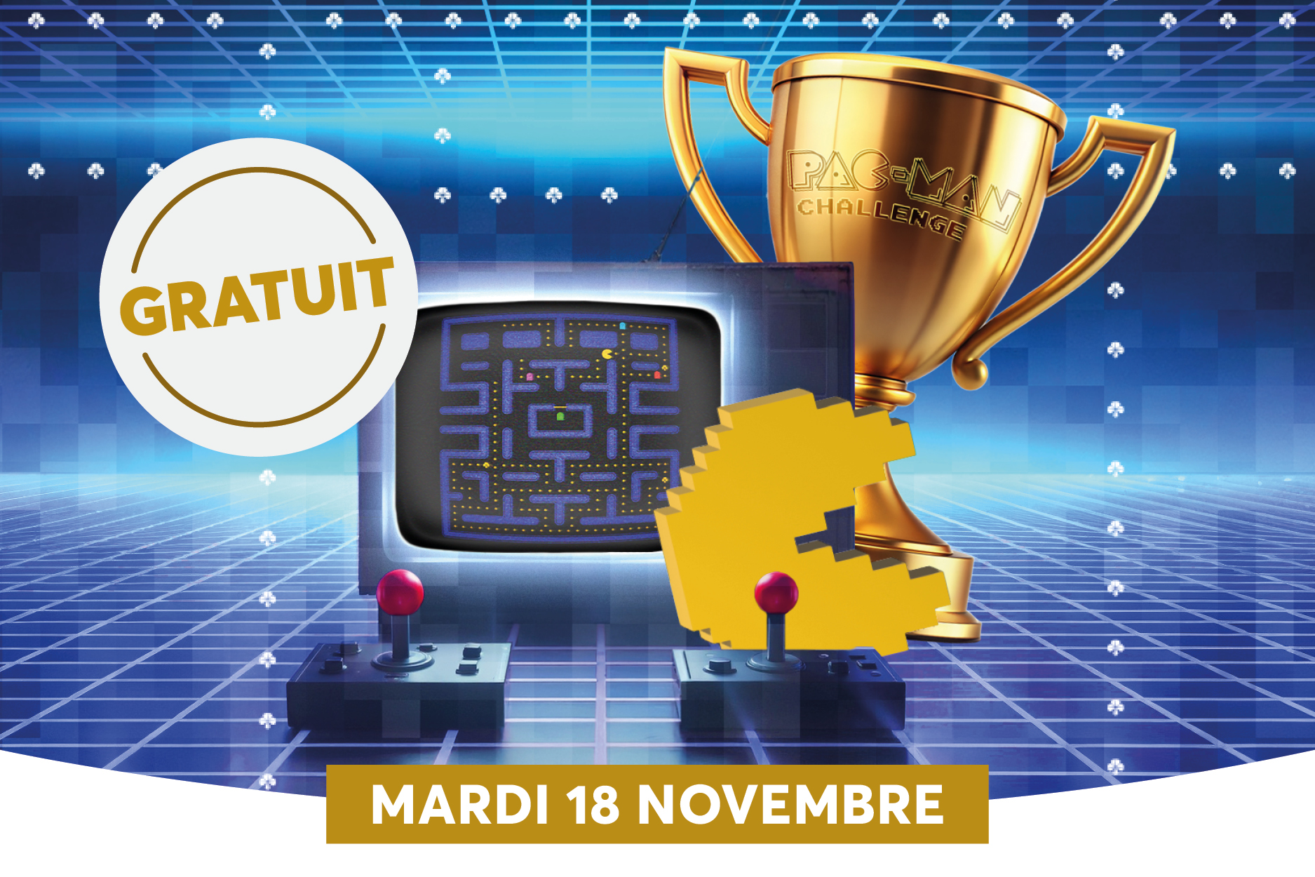Une comptition de jeux darcade avec un grand trophe dor et une machine  cran rtro, voque comme  gratuit . Le texte indique une date: mardi 18 novembre, suggrant un tournoi ou un vnement spcial li aux jeux darcade.