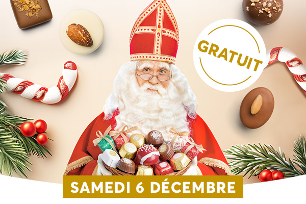 L�image pr�sente Saint-Nicolas habill� en rouge avec une mitre traditionnelle, entour� de chocolats et de friandises color�es dispos�es en arri�re-plan dans une ambiance festive et gourmande. En bas, une bande dor�e affiche la date � Samedi 6 D�cembre � et un badge 