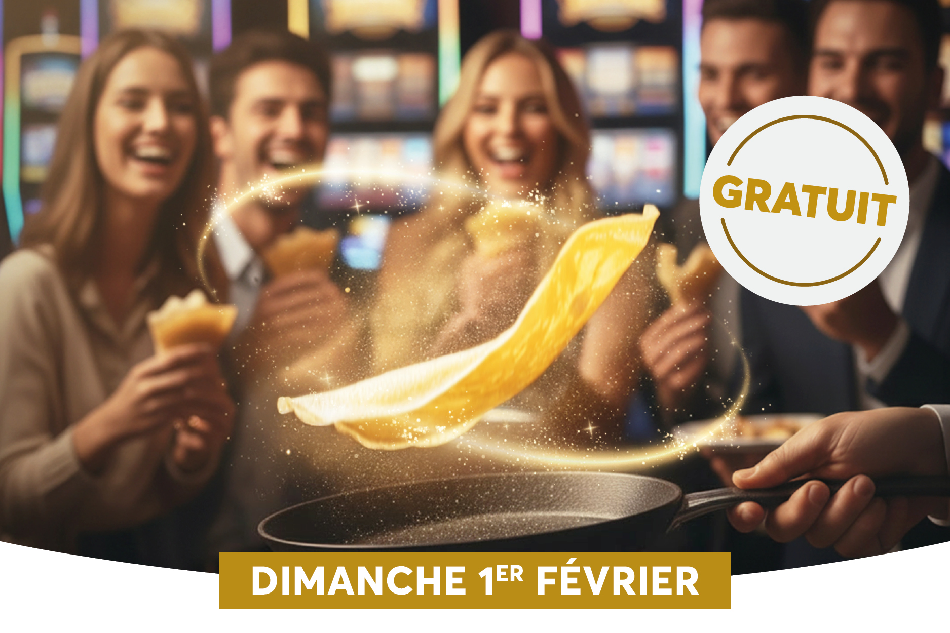 Une sc�ne conviviale dans un restaurant ou bar o� des amis souriants regardent une cr�pe volante cuisant dans une po�le, entour�s de lumi�re festive. Un badge �GRATUIT� et une banni�re �DIMANCHE 1ER F�VRIER� sugg�rent une offre ou un �v�nement sp�cial gratuit ce dimanche.