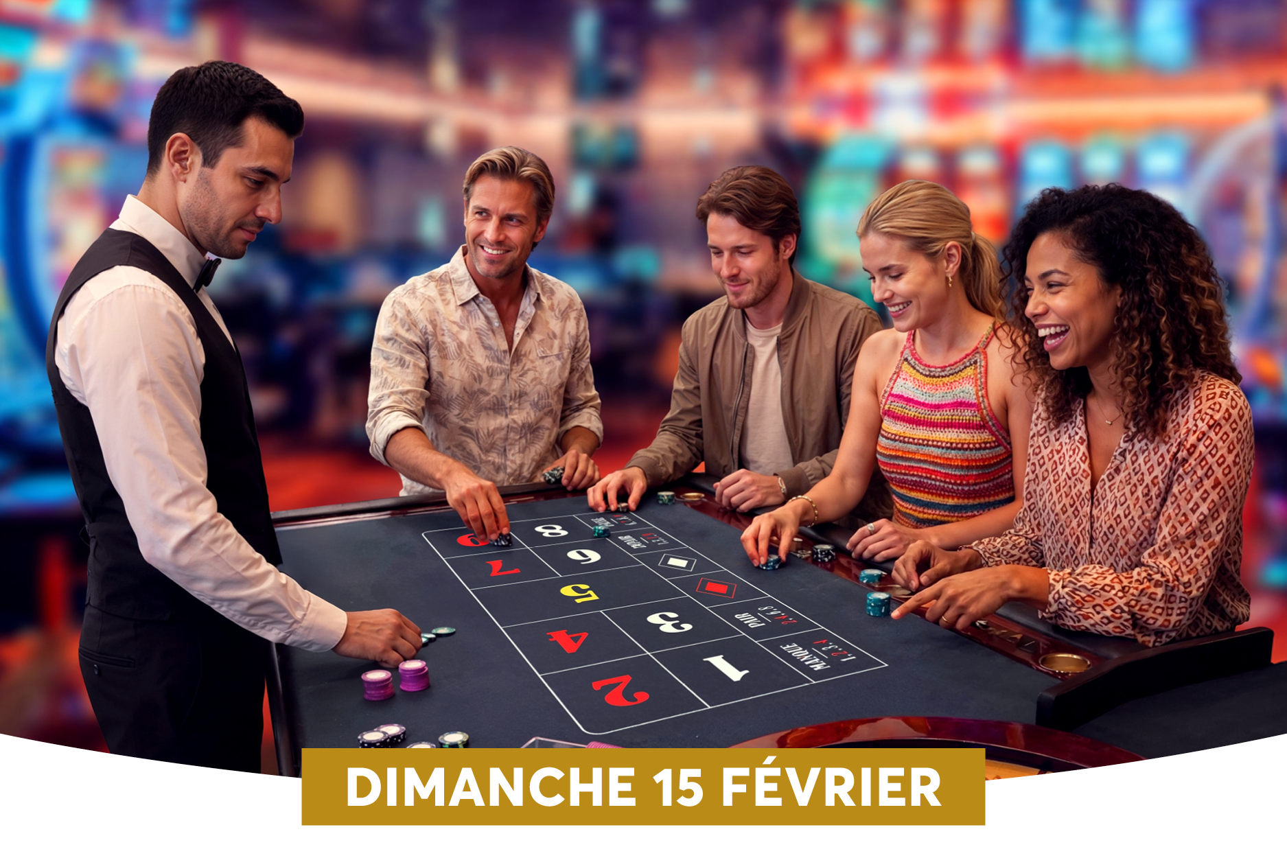 Un groupe de cinq personnes se r�unit autour d�une table de casino, concentr� et souriant, tandis qu�un croupier en veste sombre supervise les mises. L�ambiance est anim�e et lumineuse, avec un tapis de jeux et des jetons color�s, et une banni�re �DIMANCHE 15 F�VRIER� est affich�e en bas de l�image.