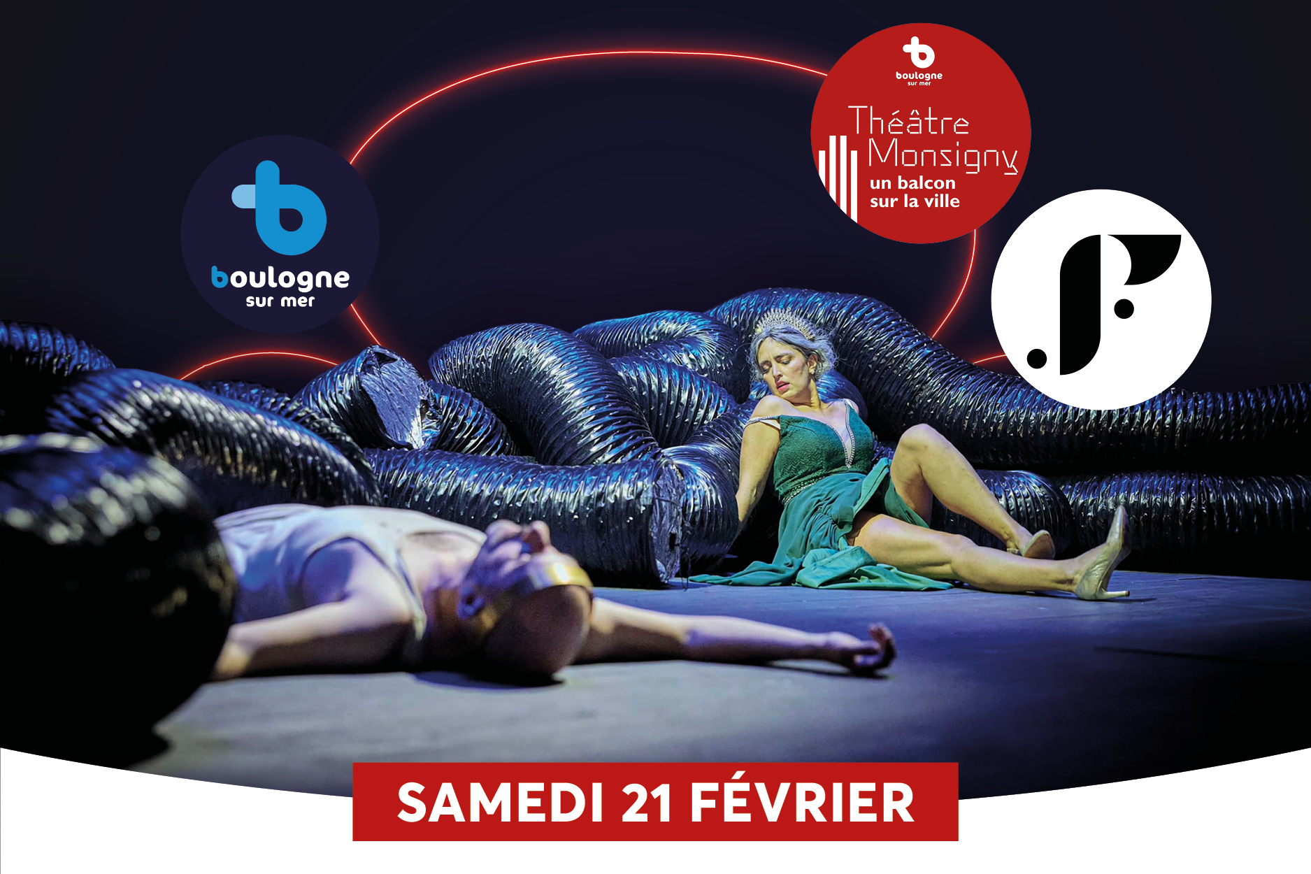 Une affiche promotionnelle pour une sc�ne artistique autour du spectacle, avec des logos de diff�rents lieux et une danseuse sur sc�ne. Le texte indique la date �Samedi 21 F�vrier� en surimpression rouge en bas.