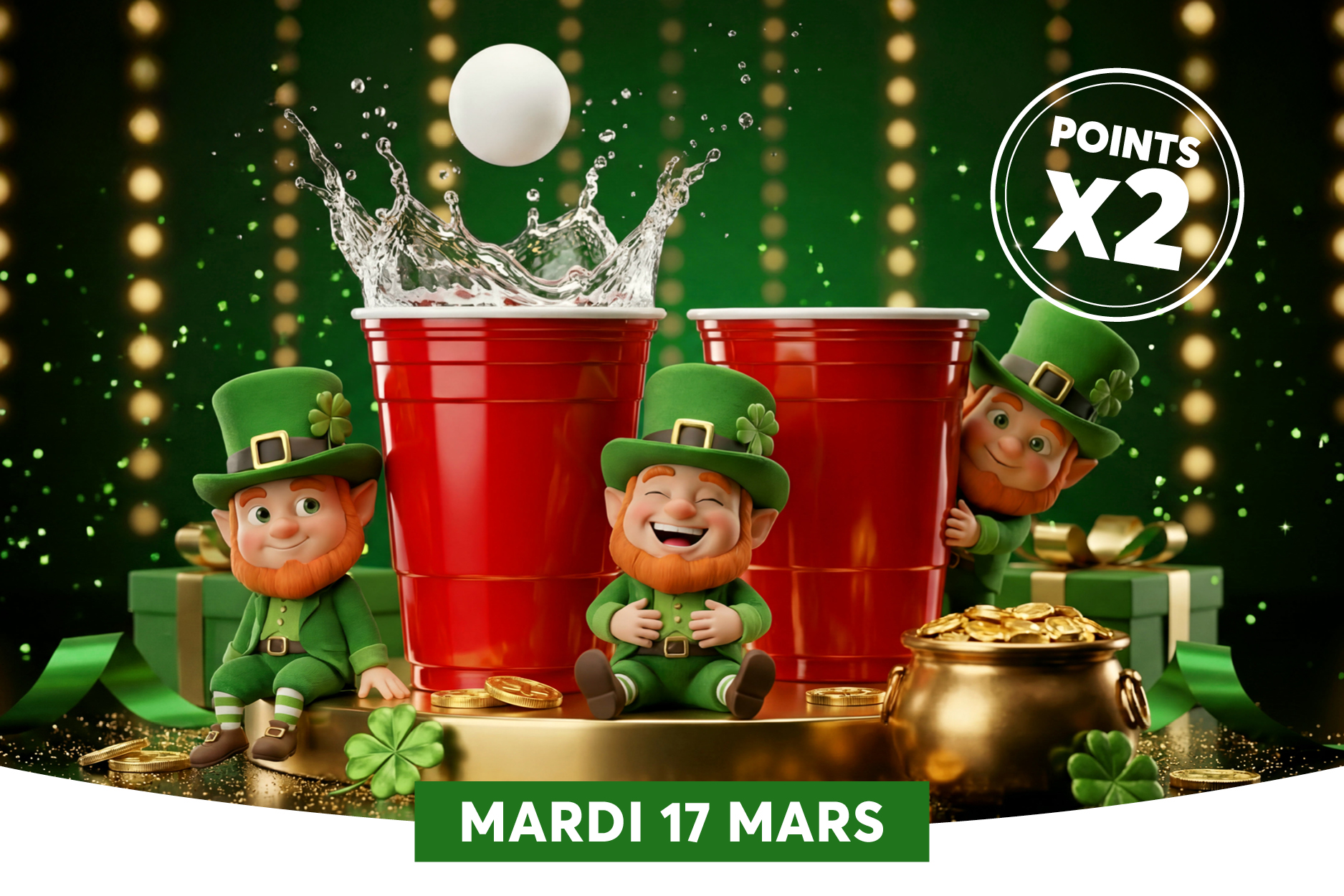 L�affiche repr�sente une sc�ne festive de la Saint-Patrick avec trois leprechauns (lutins irlandais) autour de gobelets rouges et d�un ballon blanc tombant dans le gobelet central, sur fond vert lumineux et g�n�reusement d�cor� de tr�fles et pi�ces d�or. Un badge indique � POINTS X2 � et la bande inf�rieure annonce la date � MARDI 17 MARS �.