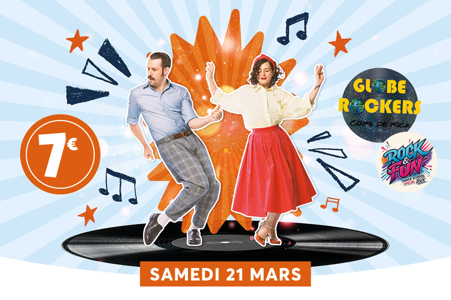 Cette affiche publicitaire annonce un cours et soir�e de rock�n�roll intitul�s Globe Rockers, avec un couple qui danse sur un vinyle et des notes musicales autour. Le �v�nement a lieu le samedi 21 mars, au prix de 7 �, et met en avant des activit�s comme Rock & Fun et des cours de rock.