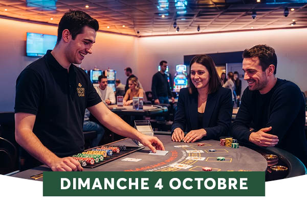 Un croupier souriant distribue des cartes � deux joueurs dans une ambiance de casino chaleureuse, avec une table couverte de jetons color�s et une banni�re verte annon�ant le dimanche 4 octobre.