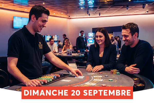 Un croupier souriant distribue des cartes � deux joueurs attentifs devant une table de blackjack, dans une atmosph�re de casino anim�e. Des jetons de poker sont �parpill�s sur le tapis vert, et une banni�re rouge annonce l'�v�nement pour le dimanche 20 septembre.