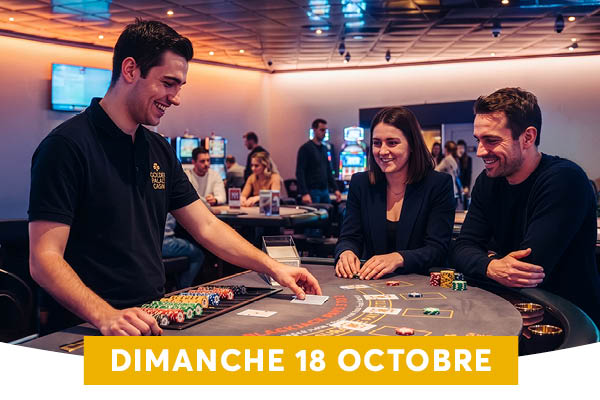 Un croupier souriant distribue des cartes � deux joueurs devant un tapis de blackjack couvert de jetons multicolores, dans une ambiance de casino chaleureuse et anim�e.