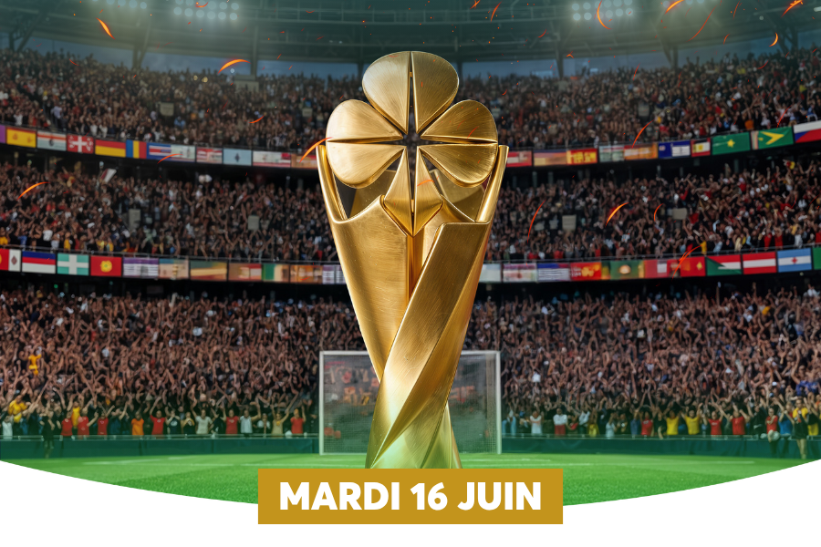 Cette image met en sc�ne un troph�e dor� au design �l�gant, surmont� d'un motif rappelant un tr�fle, se d�tachant au centre d'un stade de football bond� et illumin� par des projecteurs. Les gradins sont remplis de supporters agitant des drapeaux de diff�rentes nations, tandis que des particules lumineuses flottent dans l'air, cr�ant une ambiance de c�l�bration et de f�te sportive. Un ruban dor� en bas de l'image annonce la date 