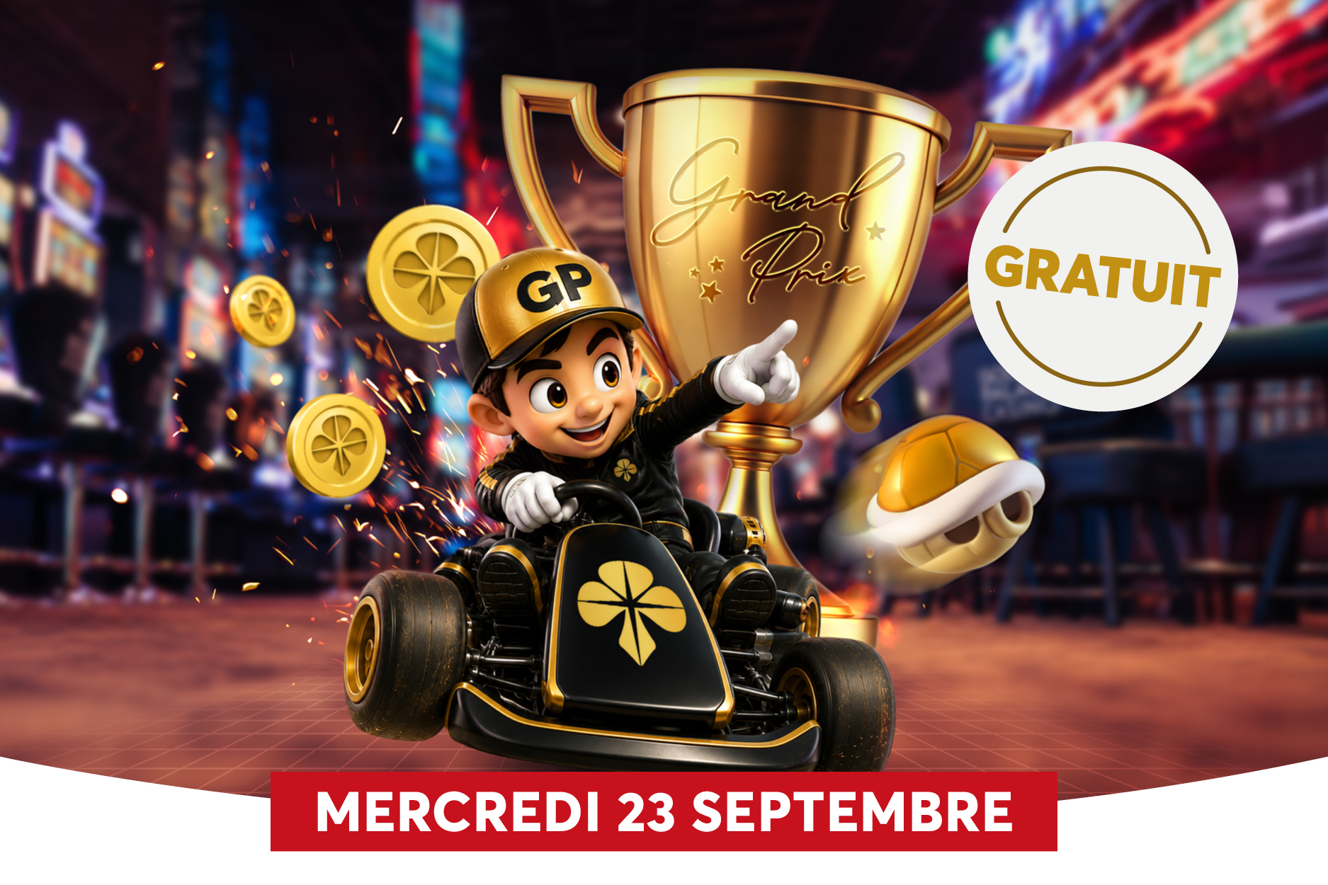 Cette publicit� annonce un Grand Prix gratuit le mercredi 23 septembre, mettant en sc�ne un personnage de dessin anim� souriant dans un karting noir et or devant un grand troph�e dor�. Des pi�ces � tr�fle � quatre feuilles et une carapace de Koopa tombent autour de lui dans un d�cor urbain aux n�ons flous.