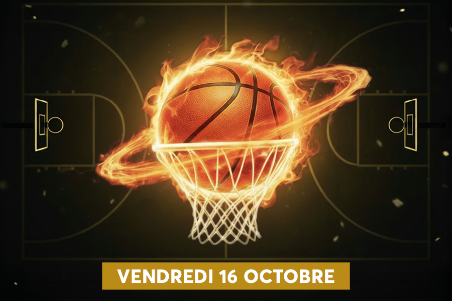 Basket en feu suspendu au-dessus du cercle, dans une salle plong�e dans l'obscurit� o� se dessinent les lignes du terrain et les �tincelles du match � venir. Un bandeau dor� annonce la rencontre de vendredi 16 octobre.