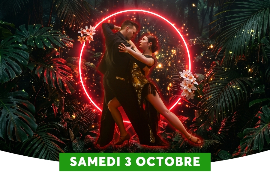 Soir�e danses latines � Samedi 3 octobre. Plongez dans une ambiance tropicale et �lectrisante : un couple enlac� au c�ur d'un halo n�on rouge, entre feuilles g�antes et lumi�res orang�es. R�servez votre place pour une nuit de salsa, bachata et passion.