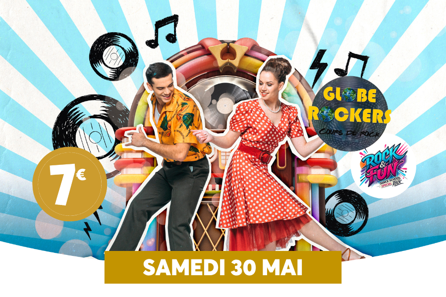 L�affiche annonce un �v�nement musical en plein air le samedi 30 mai, avec un th�me rock sur un d�cor color� (vinyles, �clairs et guirlandes). On y voit deux danseurs/rockeurs devant une sc�ne, avec plusieurs logos d�activit�s ou marques li�es au rock et au �rock�n�fun school�.