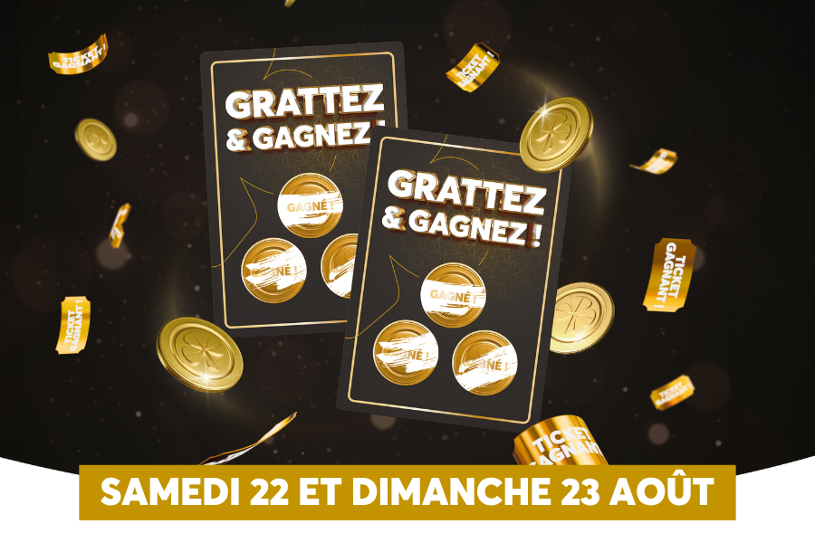 Cette affiche promotionnelle met en avant deux tickets � gratter rectangulaires aux bordures dor�es, arborant le titre 