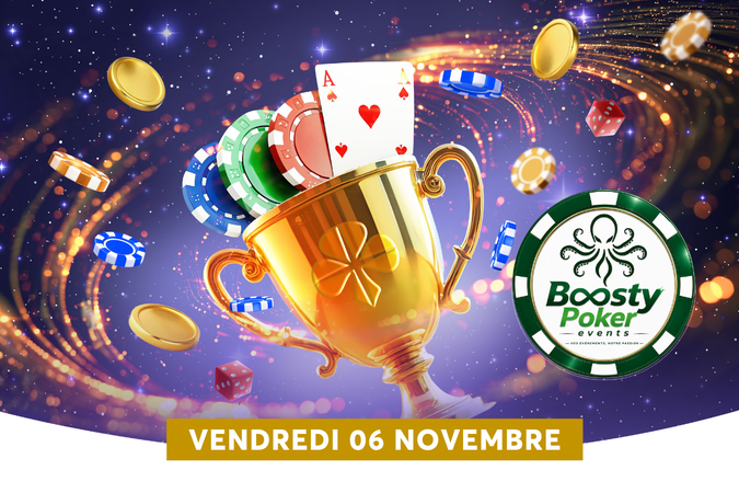 Un troph�e dor� d�bordant de cartes � jouer, jetons et pi�ces sur un fond �toil� violet illustre le tournoi Boosty Poker Events. Rendez-vous du vendredi 6 novembre pour cet �v�nement poker.