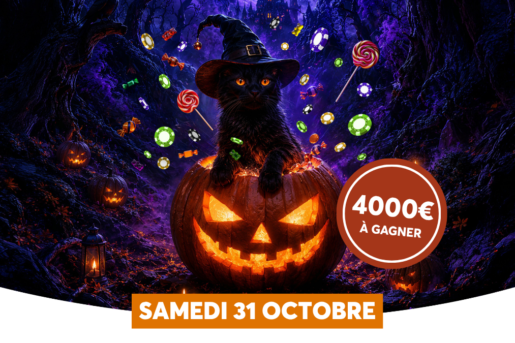 Sur fond de for�t brumeuse aux teintes violettes, un chat noir coiff� d'un chapeau de sorci�re tr�ne dans une citrouille sculpt�e et illumin�e, entour� de citrouilles plus petites, de jetons de casino et de bonbons flottants. L'affiche annonce � 4000� � GAGNER � dans un m�daillon brun et � SAMEDI 31 OCTOBRE � sur un bandeau orange.