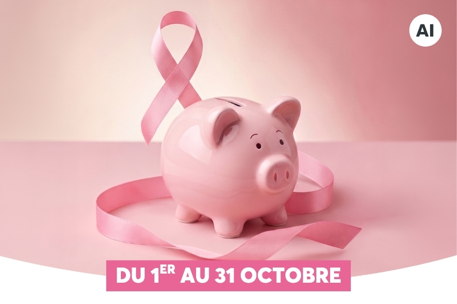 Une tirelire rose en forme de cochon est entour�e d'un ruban rose symbolisant la lutte contre le cancer du sein, sur un fond d�grad� rose. Un bandeau en bas indique la p�riode du 1er au 31 octobre, p�riode associ�e � Octobre Rose.