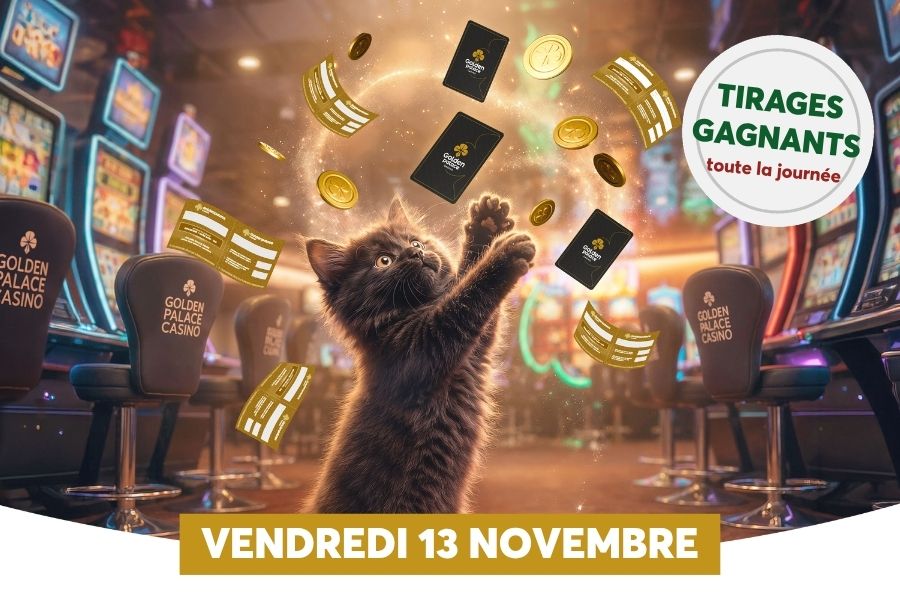 Chaton noir attrapant tickets et pièces d’or entre les machines à sous : vendredi 13 novembre, tirages gagnants au Golden Palace Boulogne-sur-Mer