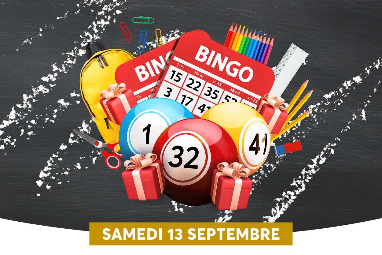 Jeu de loto, fournitures scolaires, calendrier, et cadeaux devant un tableau noir.