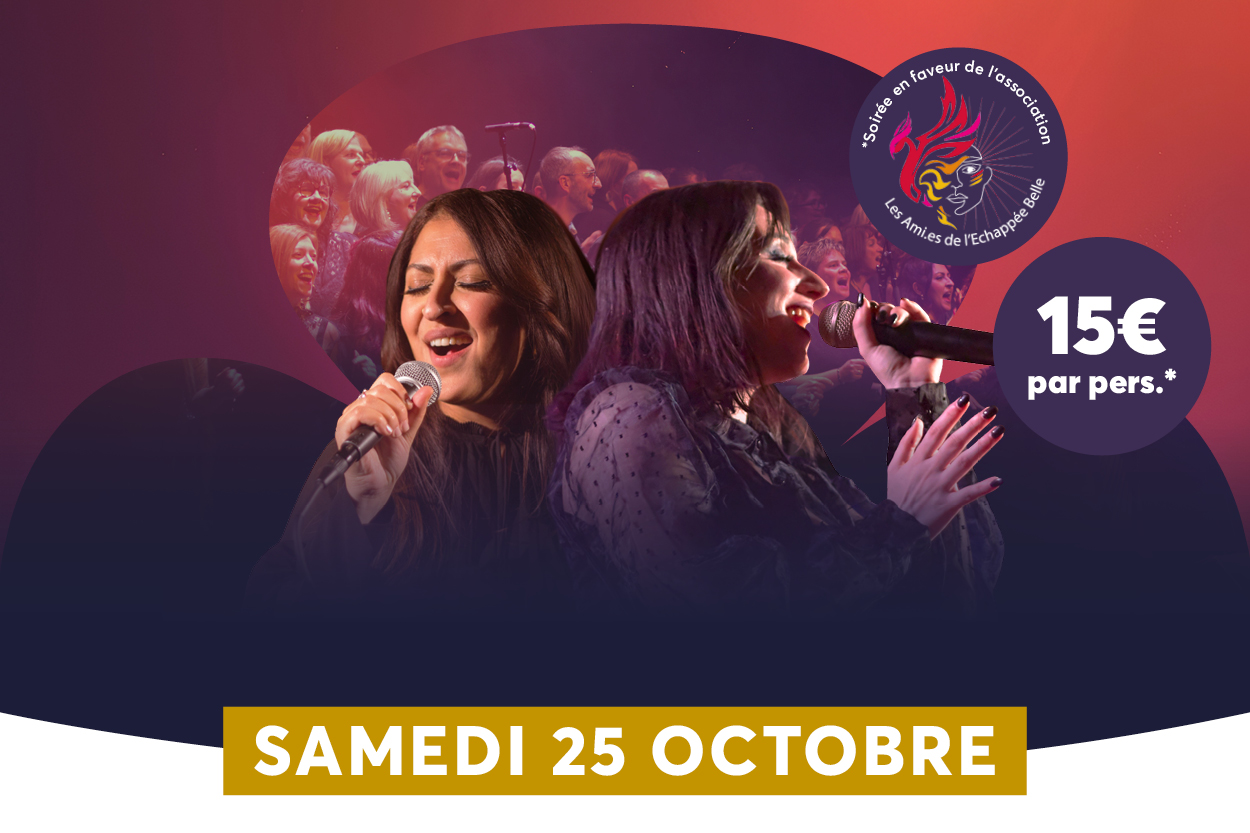 Affiche dune soirée caritative: deux chanteurs au premier plan, foule en arrière-plan, logo associatif, prix dentrée 15 et date SAMEDI 25 OCTOBRE en banderole dorée.