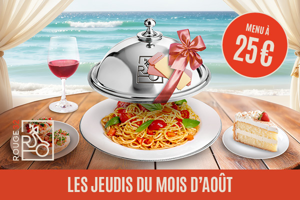 L'image prsente une offre repas pour un menu  25 euros, propos le jeudi en aot. Le menu inclut un plat de ptes, un verre de vin rouge, un dessert (gteau) et un cadeau avec un ruban rose. L'arrire-plan montre une vue sur la plage et la mer, donnant une ambiance agrable et estivale.