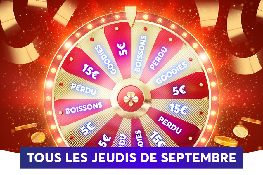 Roue de la fortune clatante en rouge et dor, avec des segments affichant des gains en euros et des libells tels que 'Boissons', 'Perdu' et 'Goodies'. Fond festif avec confettis et rubans, texte en bas: 'Tous les jeudis de septembre