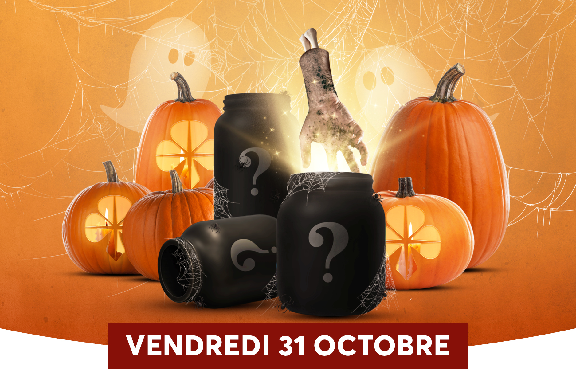 Thme Halloween: citrouilles claires, toiles daraigne et ambiance orange chaude. Elments mystrieux: bocaux noirs avec des points dinterrogation et une main fantomale au centre, suggrant linconnu et le suspense. Date affiche: bandeau en bas indiquant VENDREDI 31 OCTOBRE, renforant lide dun vnement spcial.