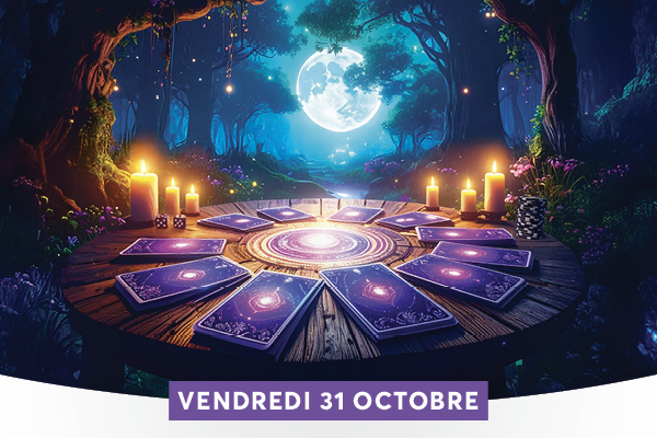 Une clairire magique claire par la lune, o un cercle de cartes oraculaires est dispos sur une table en bois, entour de bougies qui diffusent une lueur chaleureuse. Le dcor forestier dense et thr, avec des arbres et des lucioles, cre une ambiance mystique propice  la prdiction et au voyage mental. Une bannire en bas indique le vendredi 31 octobre, ajoutant une touche dvnement spcial et en harmonie avec le thme sotrique.