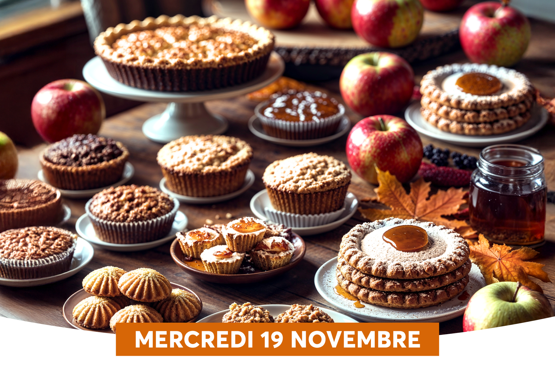 Un grand tableau de desserts varis: tartes, muffins, biscuits et une jarre de sirop, disposs sur des assiettes et des plateaux en bois. Des nuances chaudes dautomne avec des pommes, des feuilles orange et une lumire naturelle rchauffante. Une bannire orange avec le texte MERCREDI 19 NOVEMBRE suggre un vnement ou une promotion spciale pour cette date.