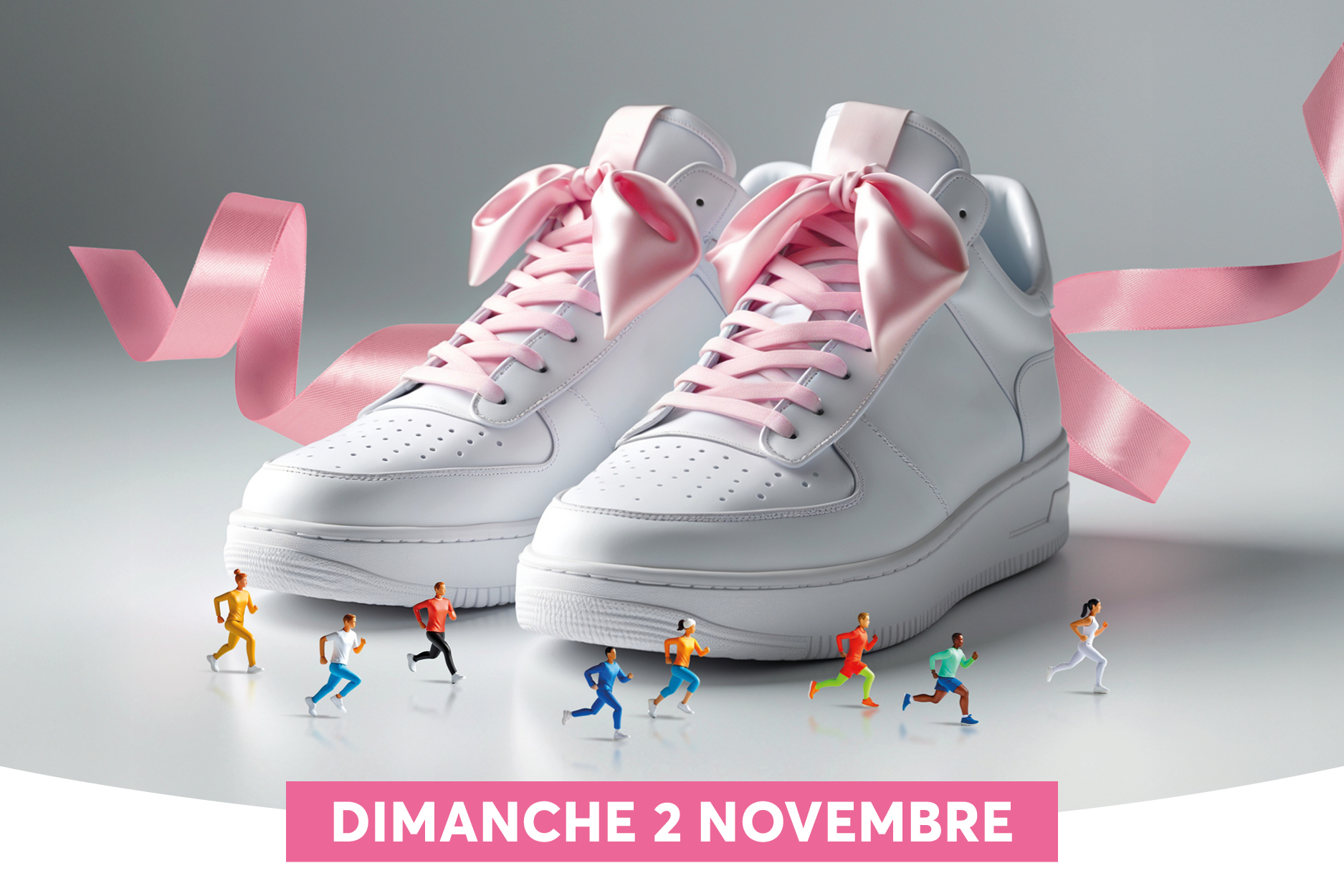 Une paire de baskets blanches avec des lacets roses et des rubans roses dcorent limage, voquant une ambiance lgre et festive. En bas, de petites silhouettes de personnes courent, ajoutant une sensation dactivit et de mouvement autour des chaussures gantes. Le texte en ruban rose  DIMANCHE 2 NOVEMBRE  suggre un vnement ou une promotion  venir.