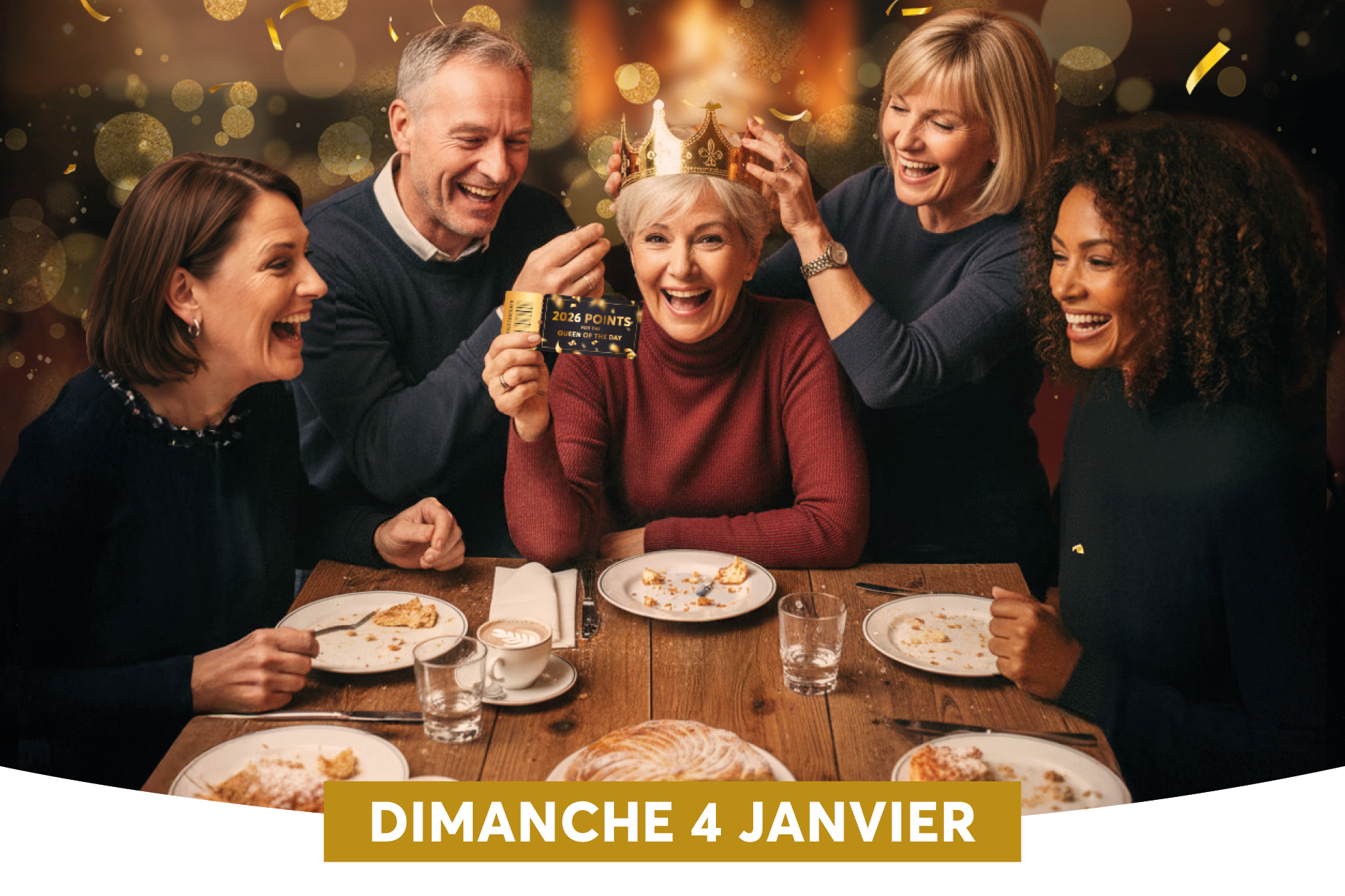 Un groupe de six amis riant et clbrant autour dune table de restaurant, lun dentre eux portant une couronne et tenant une carte cadeaux. Les plats vides et les tasses indiquent quils viennent de partager un repas joyeux, tandis que des confettis et une ambiance lumineuse renforcent latmosphre festive. En bas de limage, une bannire dore annonce la date  DIMANCHE 4 JANVIER .