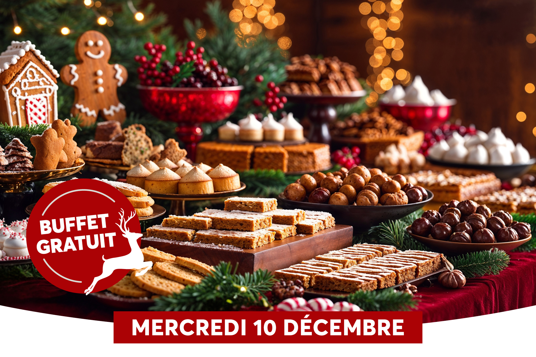 Limage montre un buffet festif avec une abondance de desserts, biscuits et douceurs disposs sur une table garnie de verdure et de dcorations de Nol. En vidence  gauche, un badge rouge 