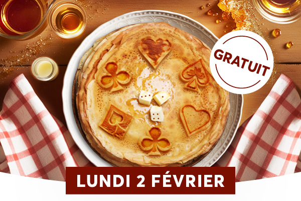 L�image montre une cr�pe ou g�teau rond d�cor� de motifs en forme de cartes et de d�s sur une table, avec un badge �GRATUIT� en haut � droite. En bas, une bande rouge affiche la date �LUNDI 2 F�VRIER� dans des lettres blanches.