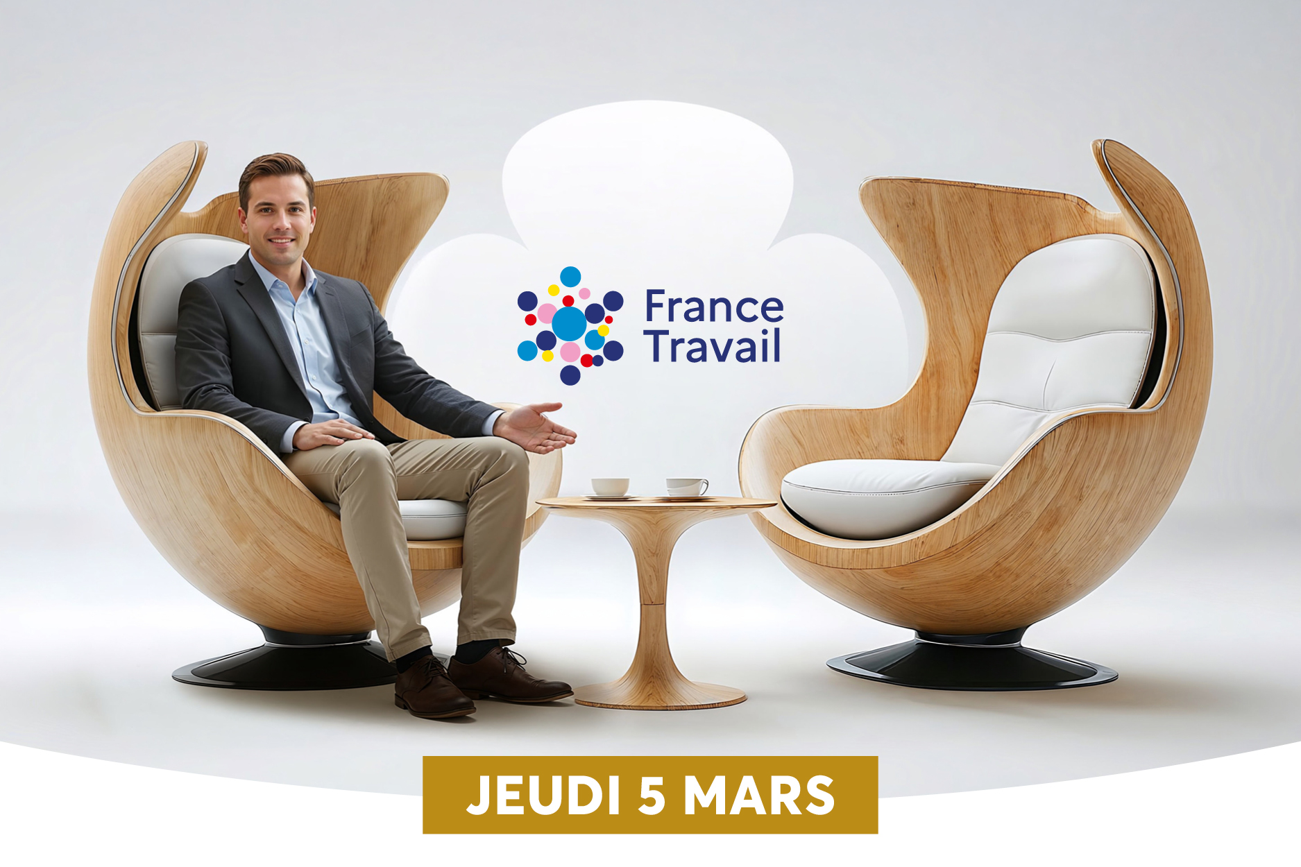 Deux fauteuils en forme de coquilles clairs encadrent une table basse ronde, cr�ant un espace de discussion moderne et convivial. Au centre, un panneau affichant le logo �France Travail� est pos� entre les si�ges, sugg�rant un contexte professionnel ou un �v�nement de recrutement. Dans l�un des fauteuils, un homme en chemise sombre et portant une veste l�g�re est assis, donnant une impression de formalit� d�tendue dans un cadre d�entretien ou de rencontre professionnelle.