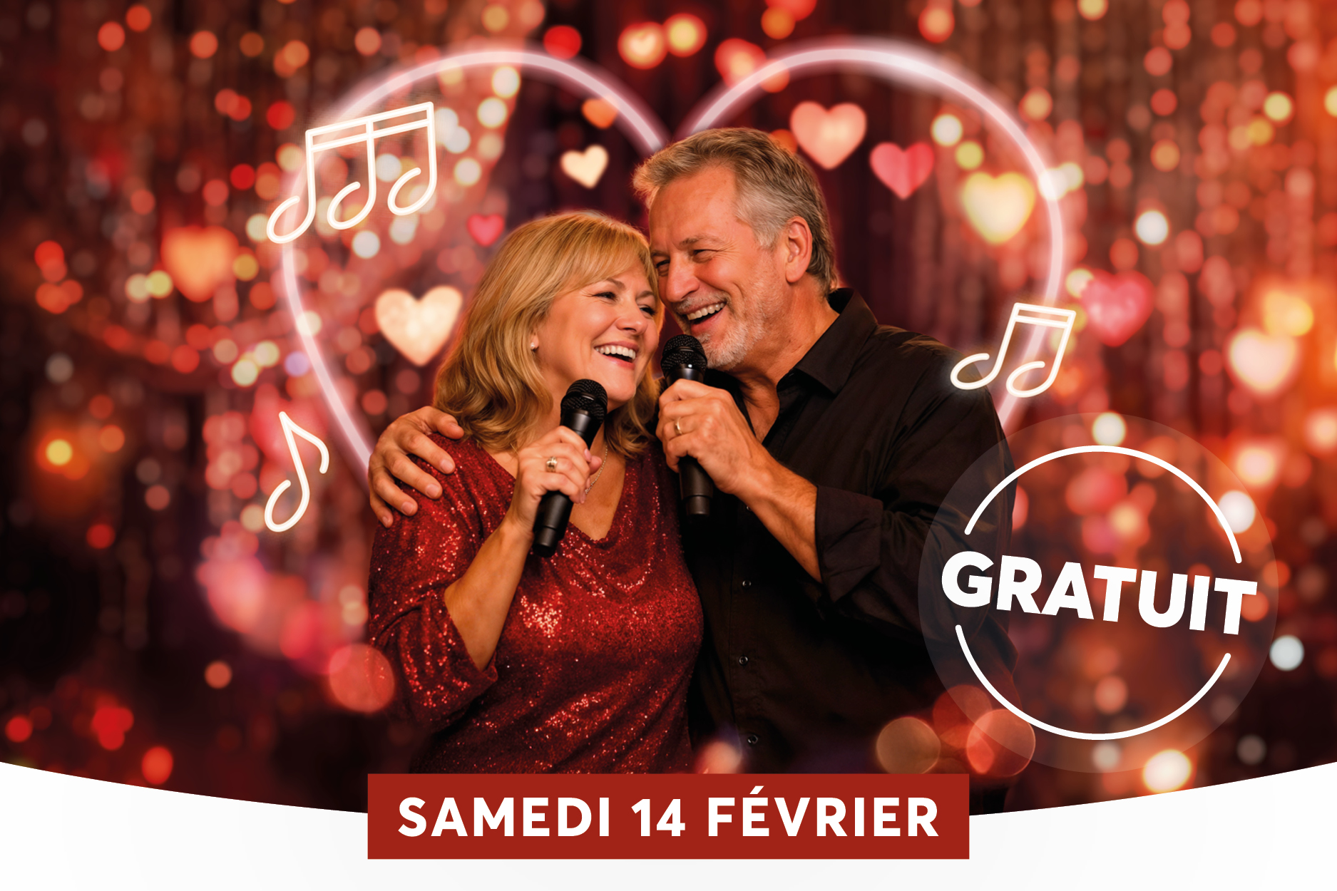 Deux chanteurs souriants partagent un moment chaleureux sur sc�ne, chacun tenant un micro et se donnant la main. Le d�cor est festif avec des lumi�res roses et rouges, des c�urs et des notes de musique qui ajoutent une ambiance romantique et joyeuse. L��v�nement est annonc� comme gratuit et se d�roule le samedi 14 f�vrier, semble-t-il un show sp�cial Saint-Valentin.