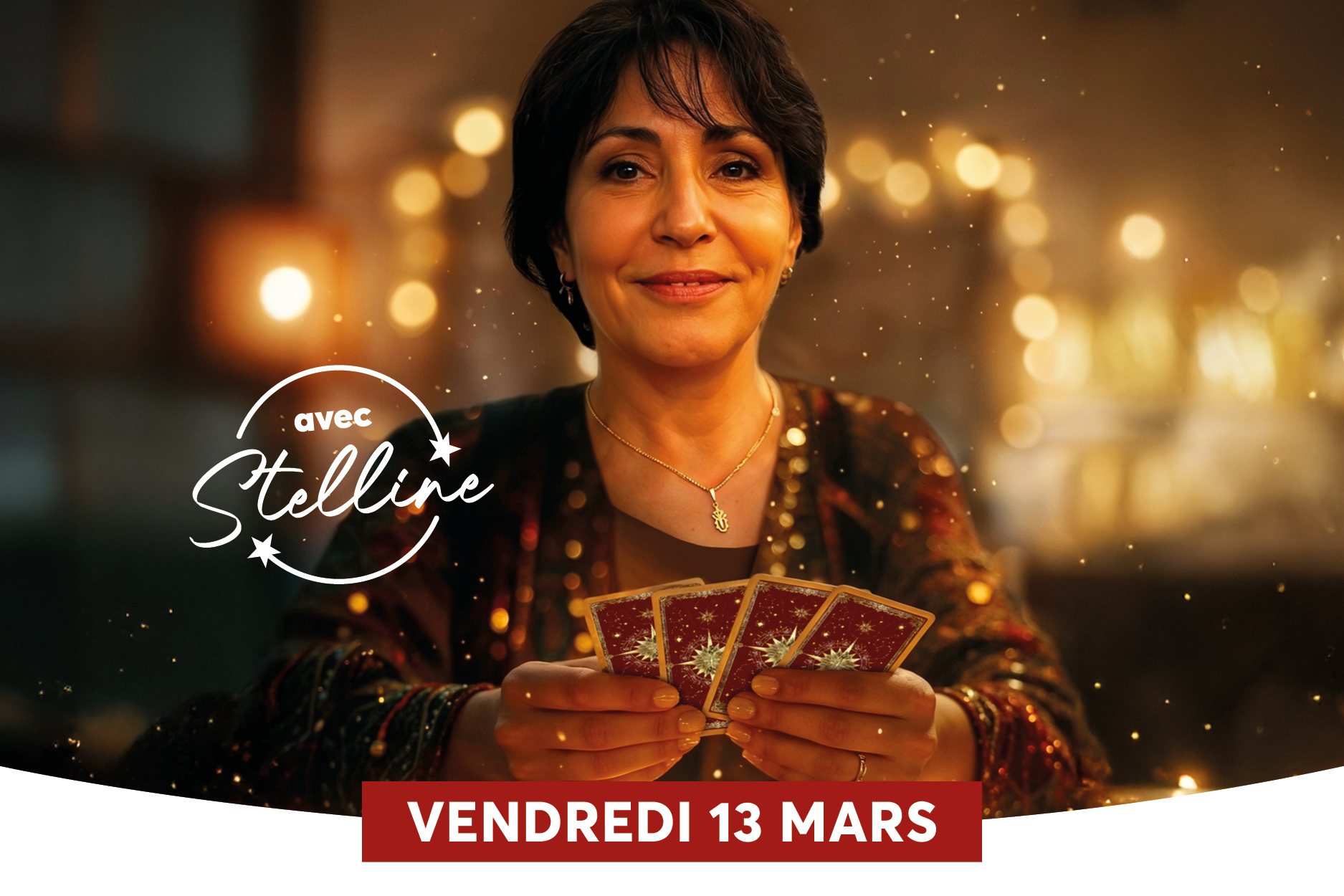 Une femme aux cheveux courts tient quatre cartes de tarot devant elle, dans un d�cor festif �clair� par de nombreuses petites lumi�res floues � l�arri�re-plan. � gauche, le logo � Stelline � est visible, et une banni�re en bas affiche la date � VENDREDI 13 MARS �.