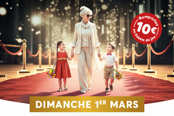 Sur l�image, une femme �g�e en costume se tient la main d�une jeune fille en robe rouge et d�un petit gar�on en chemise blanche, chacun portant un bouquet, marchant sur un tapis rouge bord� de cordons lumineux. En arri�re-plan, des lumi�res scintillantes cr�ent une ambiance de gala, avec un badge promotionnel indiquant � Remportez 10� en tickets de jeu � et la date � DIMANCHE 1ER MARS �.