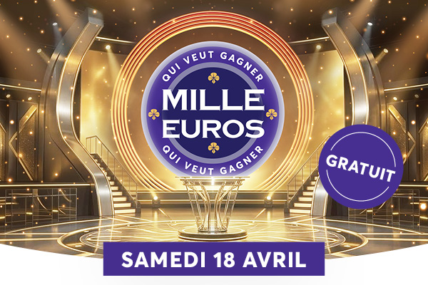 L�image fait la promotion d�un �v�nement intitul� �QUI VEUT GAGNER� avec une cagnotte �MILLE EUROS�. On y voit une sc�ne futuriste et un grand visuel circulaire �MILLE EUROS�, avec un bandeau indiquant �SAMEDI 18 AVRIL�. Un pictogramme �GRATUIT� appara�t aussi, sugg�rant que la participation est offerte.