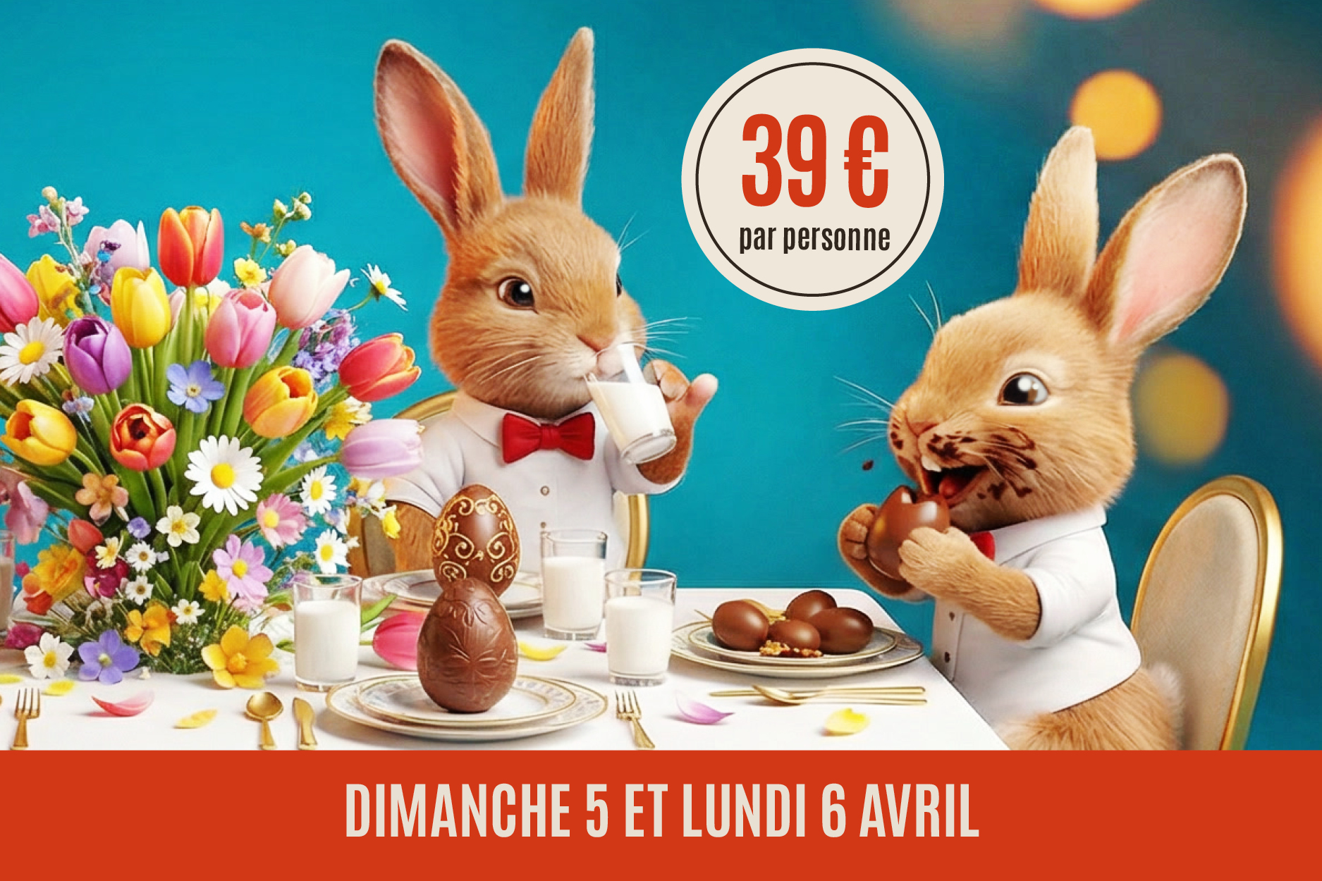  Cette image est une annonce de P�ques avec deux lapins anthropomorphes en tenue de f�te, en train de savourer et d�organiser un repas. On voit une table d�cor�e (fleurs, �ufs et chocolat) et un pictogramme indiquant un prix de 39 � par personne. En bas, il est pr�cis� que l��v�nement a lieu dimanche 5 et lundi 6 avril.