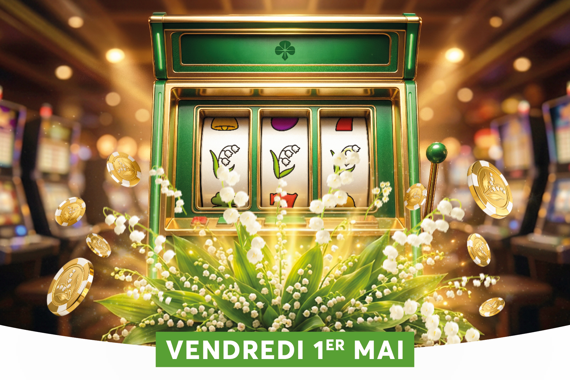 Une machine � sous vert et or, d�cor�e de brins de muguet sur ses rouleaux, tr�ne au milieu d'un casino aux lumi�res flout�es, avec un gros bouquet de muguet pos� � ses pieds et des pi�ces dor�es flottant autour. L'ensemble �voque une association festive entre le jeu et le 1er Mai, m�lant l'esprit de la f�te du Travail � l'univers clinquant du casino.