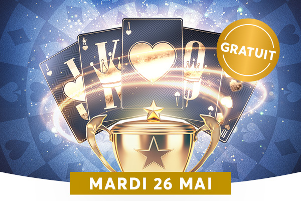 Cette affiche annonce un concours de Belote gratuit, avec un troph�e dor� sur fond bleu orn� de symboles de cartes � jouer. L'�v�nement aura lieu le mardi 26 mai, comme l'indique la banni�re en bas de l'image.